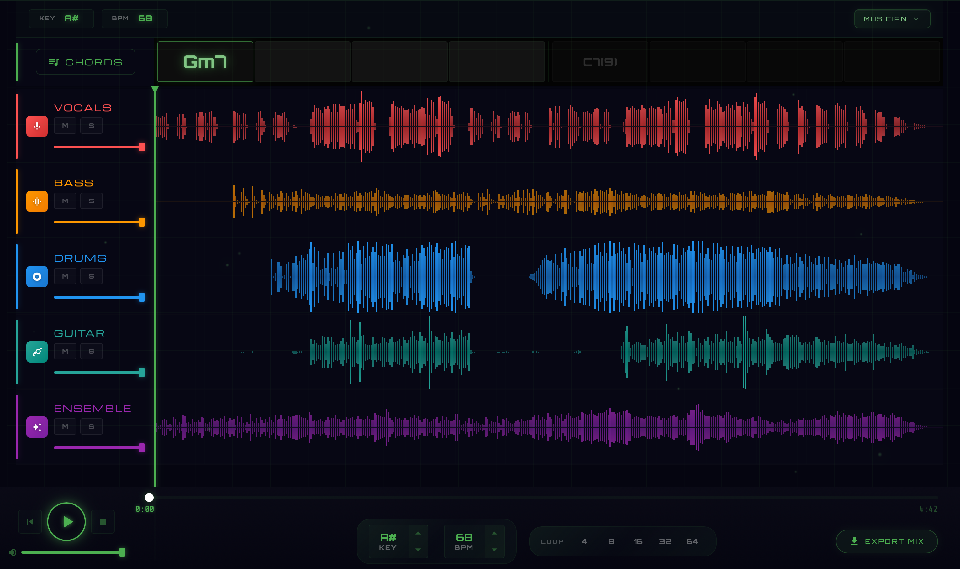 Stemulator Musicians Mode showing the DAW-style mixer with chord map, faders, and live tabs